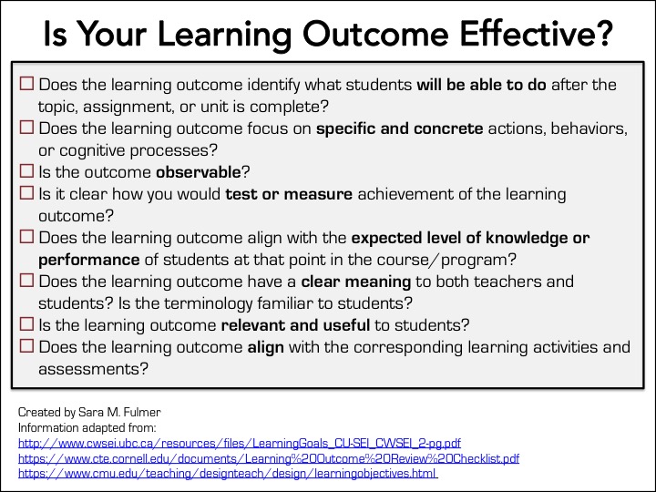A checklist to confirm if your learning outcomes are effective.