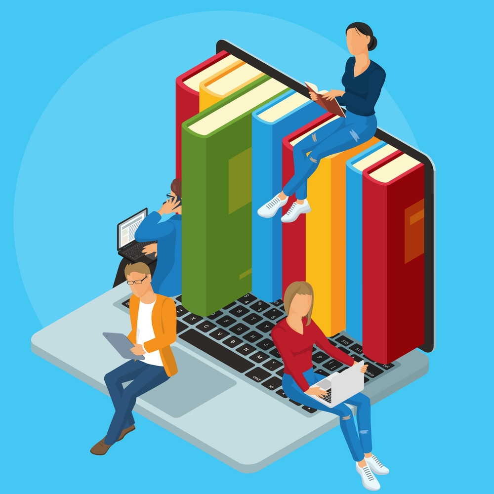 Books coming out of laptop illustration