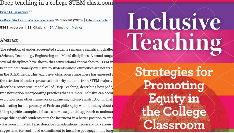 Deep teaching in a college STEM classroom article. Inclusive Teaching Strategies for Promoting Equity in the College Banner.