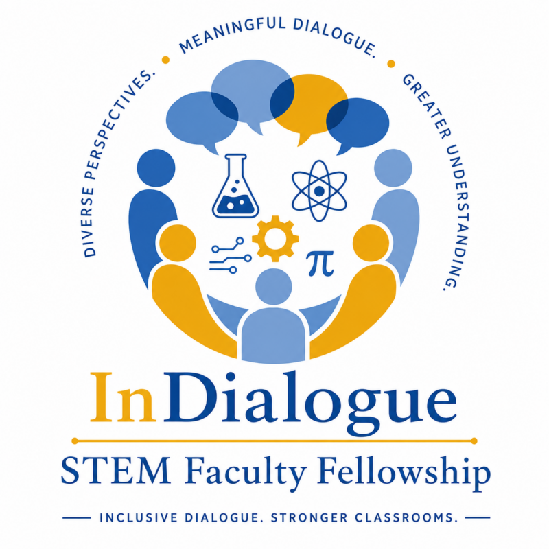Image displaying InDIalogue STEM Faculty Fellowship logo in blue, gold, and white displaying the following text - diverse perspectives, meaningful dialogue, greater understanding