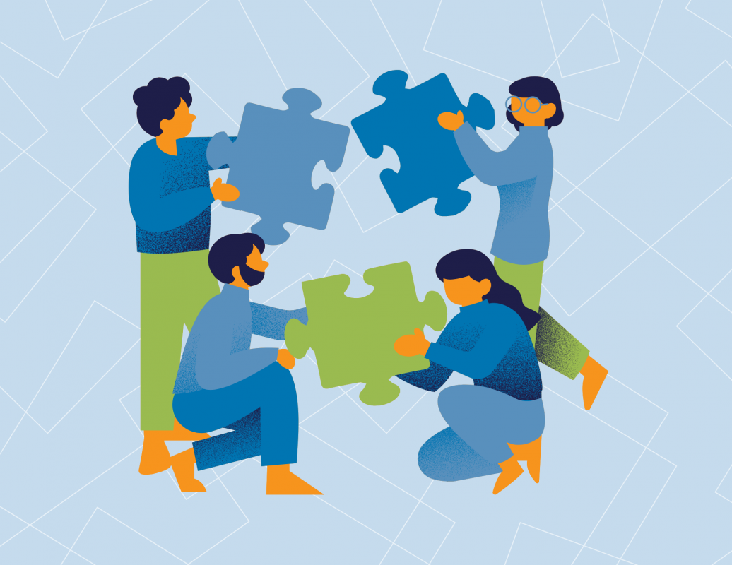 Four illustrated people work together to assemble large blue and green puzzle pieces, symbolizing collaboration, teamwork, and problem-solving.